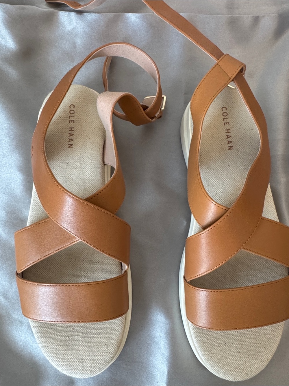 Cole Haan Tan Leather Crisscross Strap Sandals with Ankle Buckle